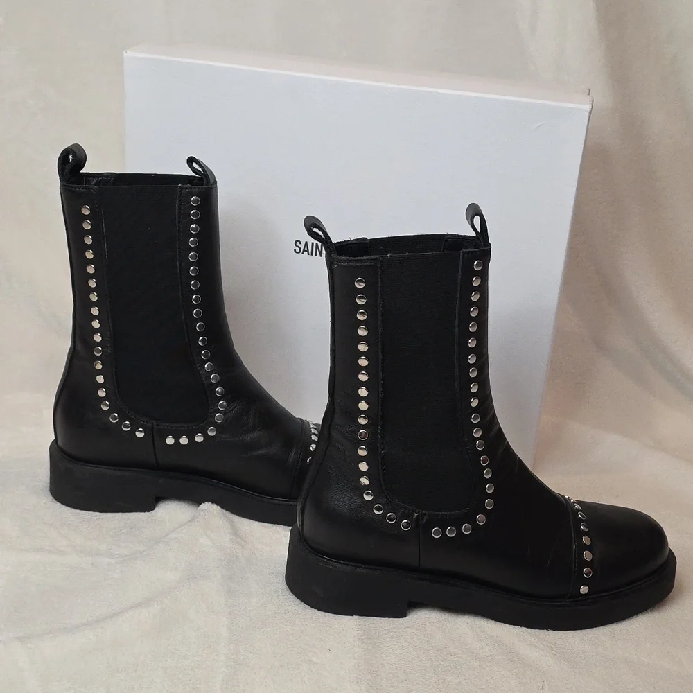 SAINT + SOFIA Black Leather Silver Studded Chelsea Boots Size 38 (US 7) LIKE NEW - Picture 7 of 7